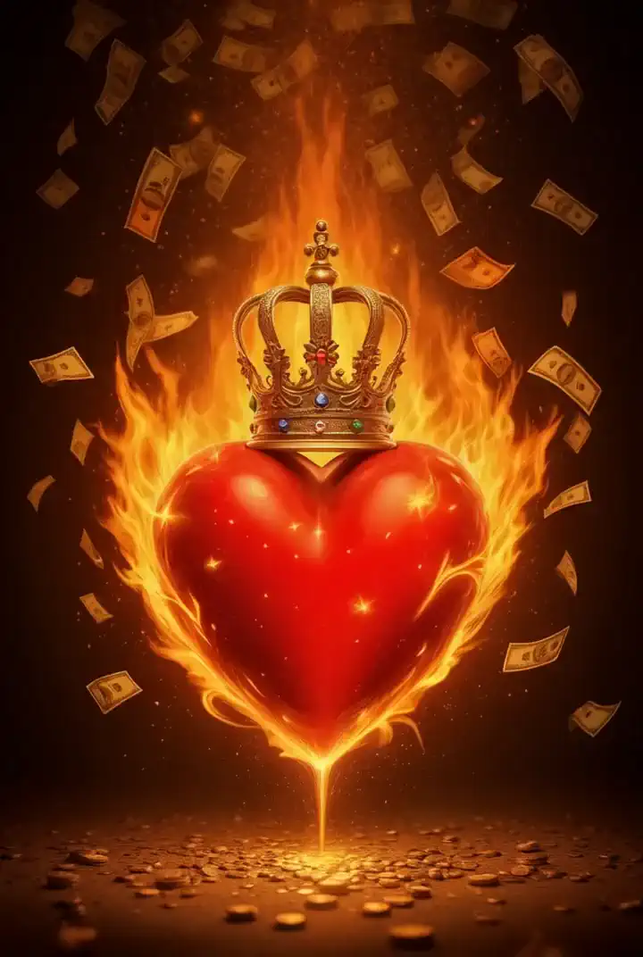 A fiery heart with a king's crown, With money falling around you