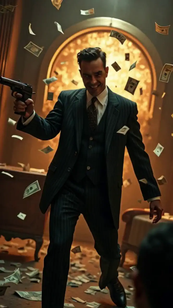 A dramatic and cinematic scene featuring John Dillinger, dressed in a sharp 1930s pinstripe suit, standing confidently in the center of a chaotic bank heist. His expression is menacing, with a wicked grin and intense, steely eyes. He is firing a Tommy gun in one hand, with bright muzzle flashes lighting up the dim room, and holding a rifle in the other. The cracked-open bank vault in the background spills over with money bags. Cash bills float around the scene in slow motion, suspended in mid-air, emphasizing the chaos and high-stakes tension. The lighting is moody and dynamic, with glowing highlights from the vault and dramatic shadows across the broken furniture and shattered glass. Scared bank customers are cowering on the floor in the background, frozen in fear, while Dillinger’s commanding presence dominates the frame."