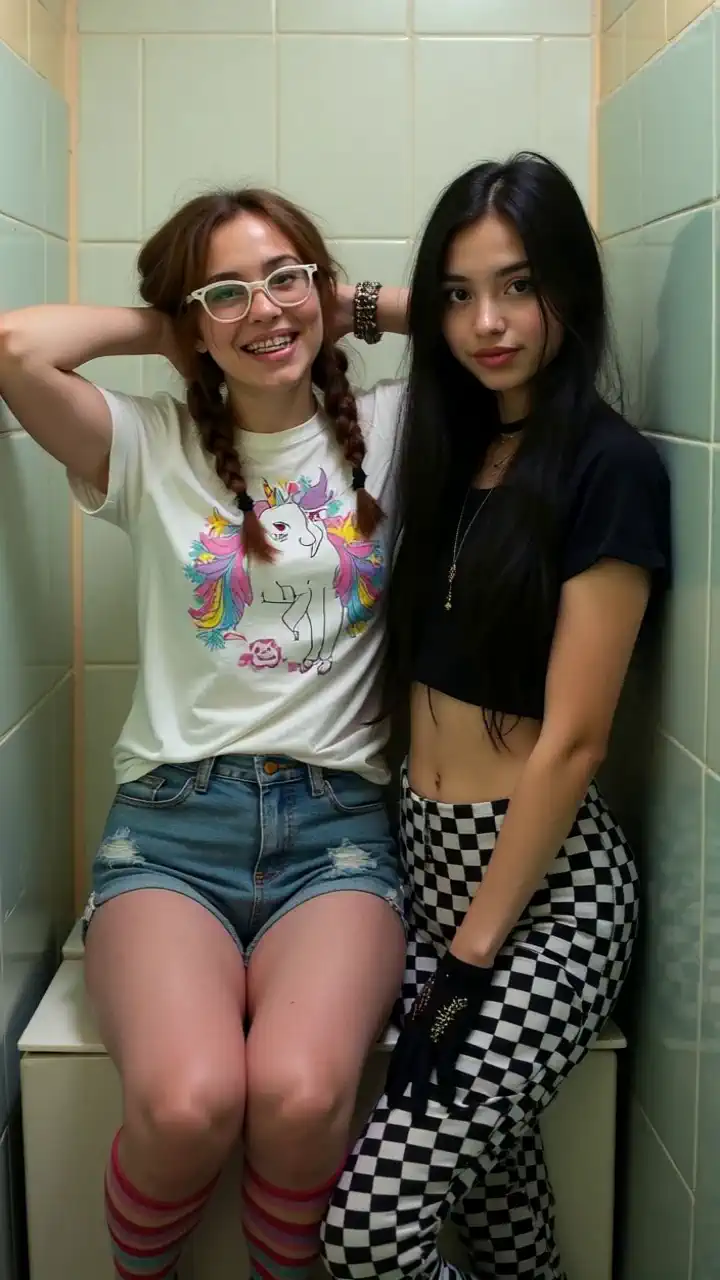 Photograph of an ugly 18-year-old brown-haired woman,  Two braided braids , round glasses, braces,  white too short T-shirt with a unicorn on it, armpit hair , Jeans hot pants over colorful striped pantyhose with holes, Wears Chucks, On the glasses of a toilet at school, Hands behind your head so you can see the hairy armpits,  pimples on the face .

 Accompanied by her anorexic, black-haired emo girlfriend , she doesn&#39;t smile,  is wearing black and white checkered tight pants, a muscle shirt in black,  cropped , Studded gloves and a wild tousled black dyed long hair hairstyle,  eyeliner around the eyes , nose ring, both side by side in the toilet cabin, The former is squatting on the glasses from the toilet the emo girl is standing next to it 