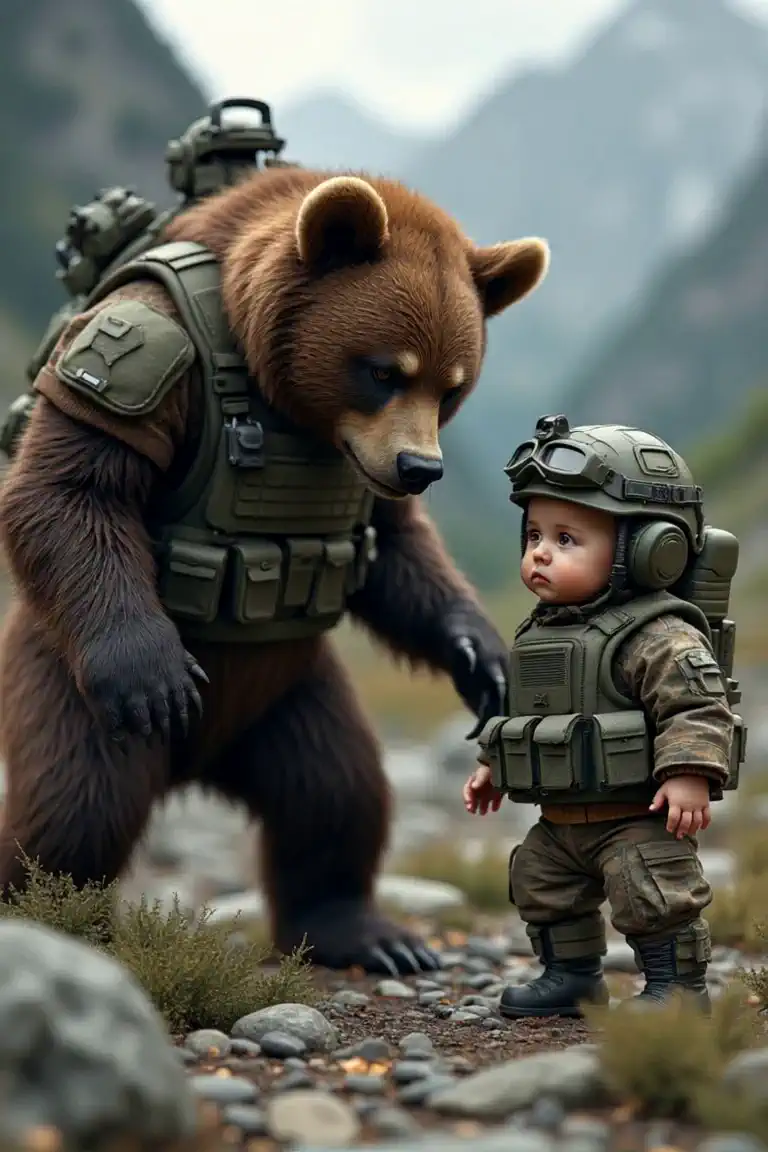 Baby fighting bear dressed in tactical gear