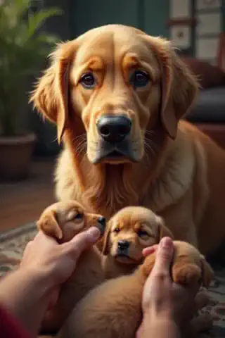  Country yard at sunset ,  soft golden hues illuminate the grass .  In the foreground, the retriever mother stands with her ears down and a sad look.  A man in plain clothes puts two puppies in a cardboard box , but the box is open ,  and the puppies look out with frightened faces .  The atmosphere of a quiet evening contrasts with an unsettling moment .  Everything looks gentle and staged ,  with no signs of real violence .
