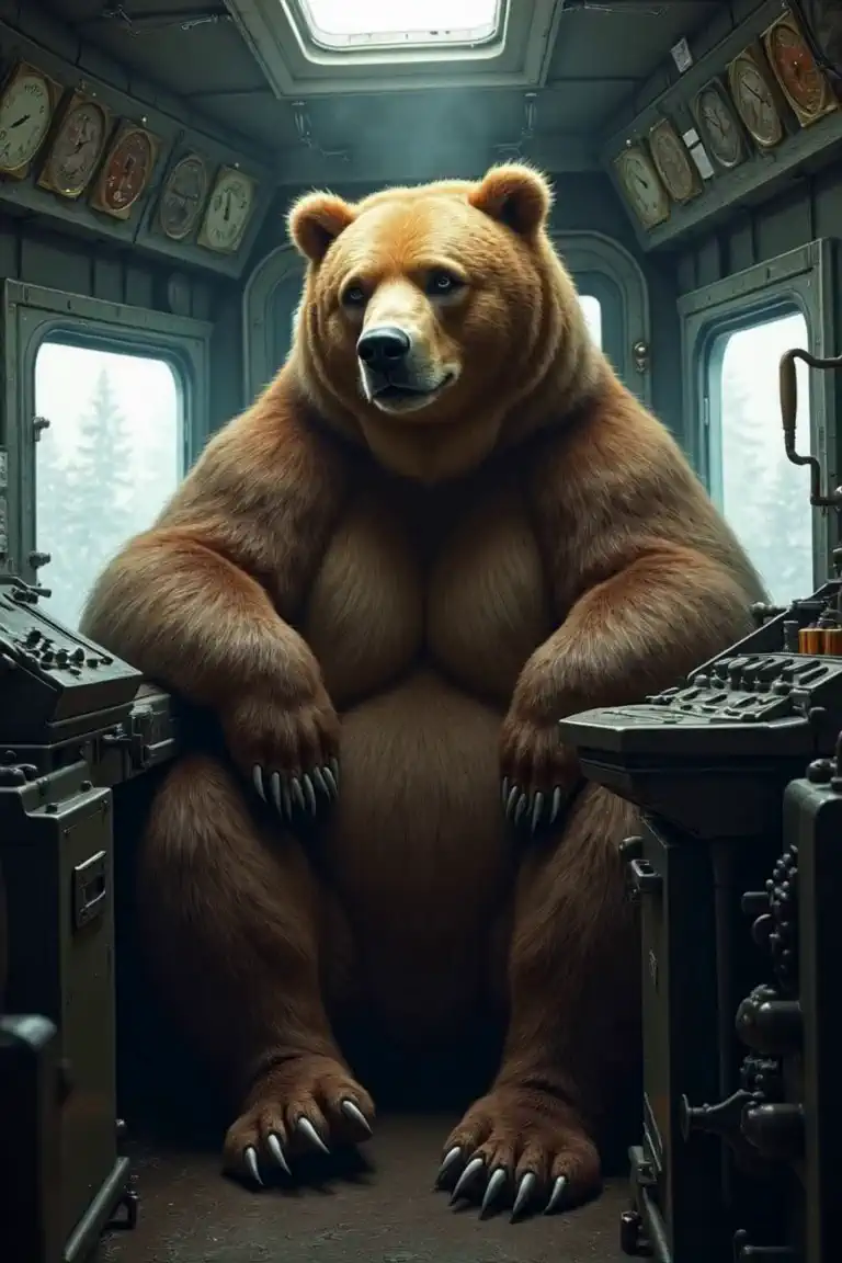 A bear in the cab of a train