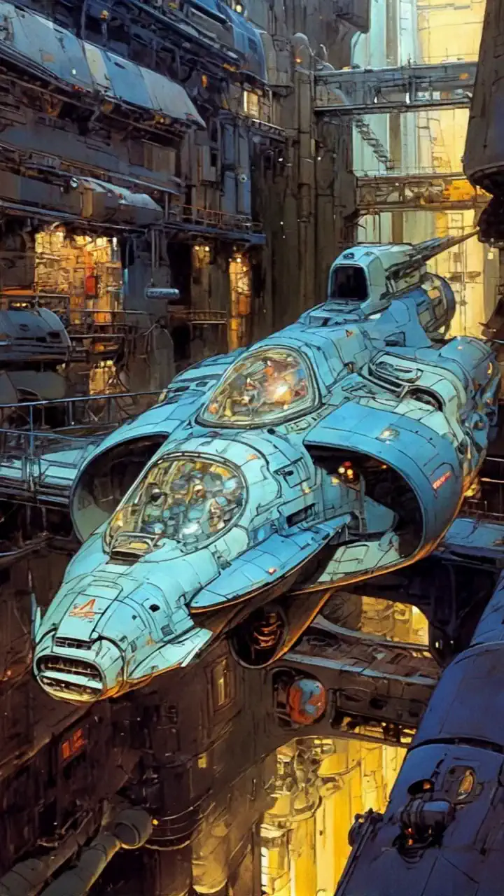 Masterpiece, highest quality, very detailed, absolute resolution, high resolution, highest quality, 8K, John Harris and syd mead Style - space station in Lunar space, A Tau Cetian intergalactic ship joins the docks of New Marseille on Antares C2,John Berkey huge space ships in the distance