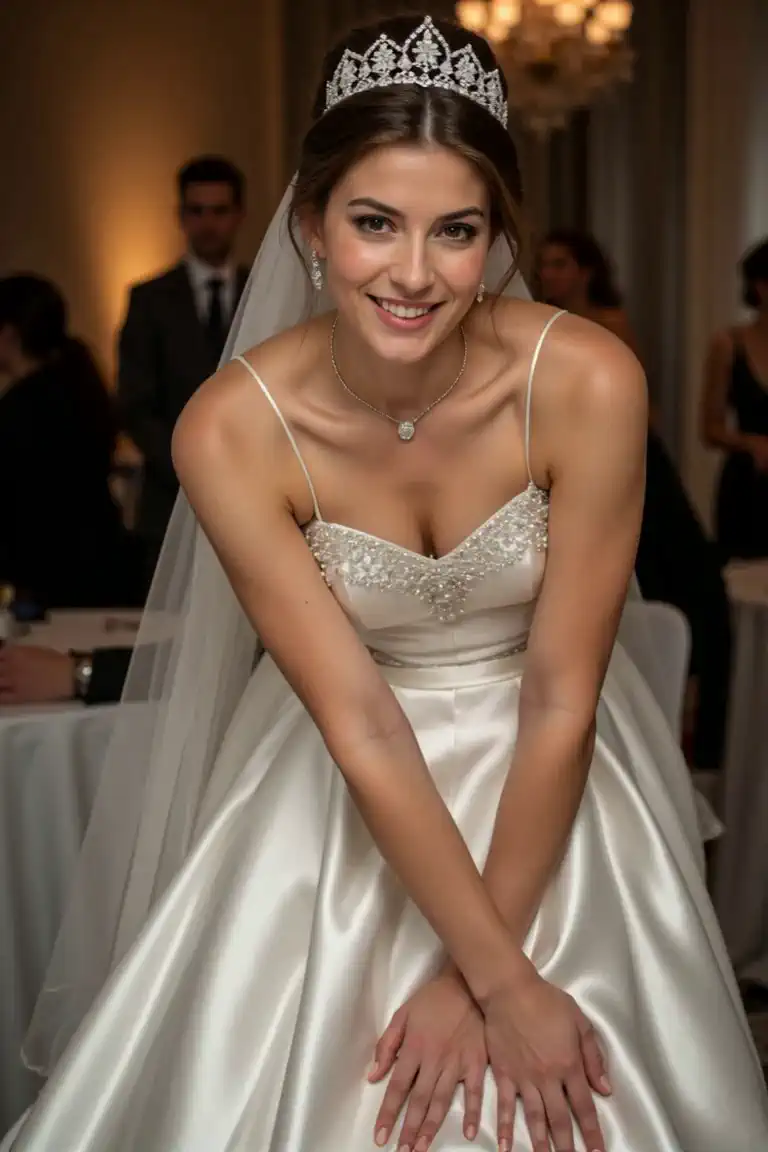 The young bride stands up and rotates in circles and presents her dress