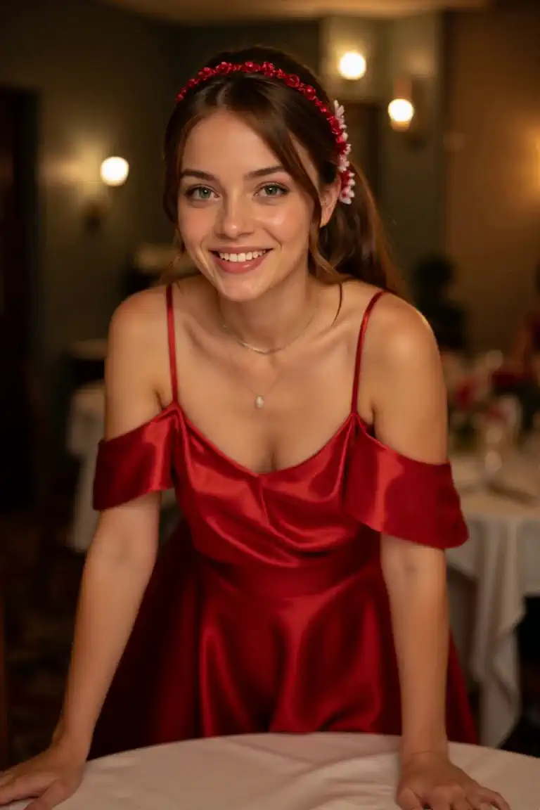 The young woman stands up and turns once and presents her dress. Adjust camera angle