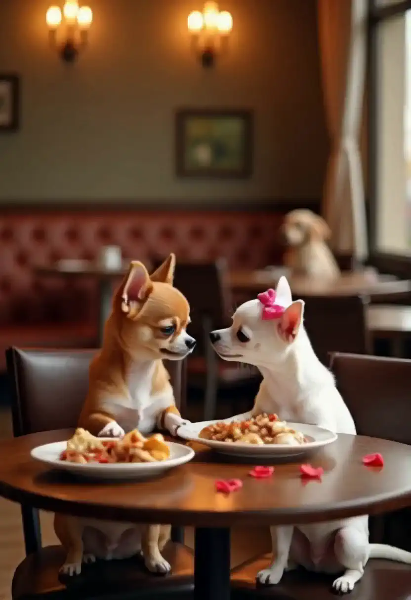 Make 2 Chihuahua puppies, a male with brown color and white tones on his chest, And another female with a white color and a pink bow on her head on a date at a restaurant, they are seated in the chair at a table just for them,  a chic restaurant with other dogs sitting on other chairs and tables in the background of the image. romantic lighting, The two little dogs looking at each other and with their plates of food on the table.