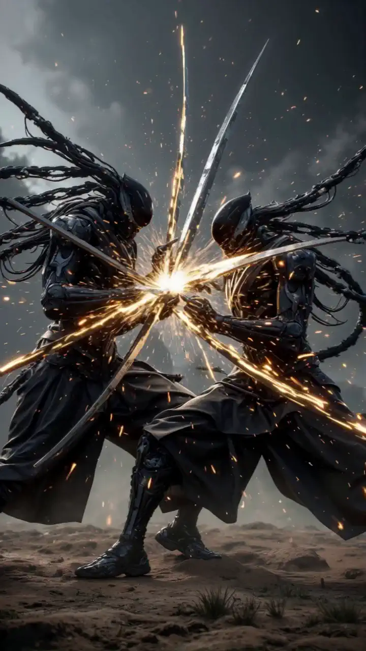  and two warriors ，One with a knife ， and a sword ， on the battlefield due to the precision collision of the blade with the sword， exchanged swords in four directions 