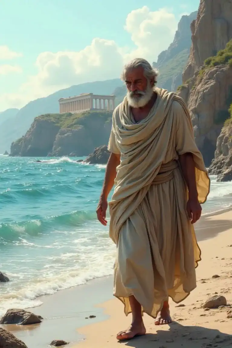 Ancient Greece in the eastern part of the Mediterranean Sea between 1200 BC.C.  Socrates walking 