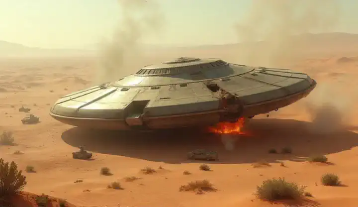 A crashed UFO in the desert, spewing smoke and fire, military around,