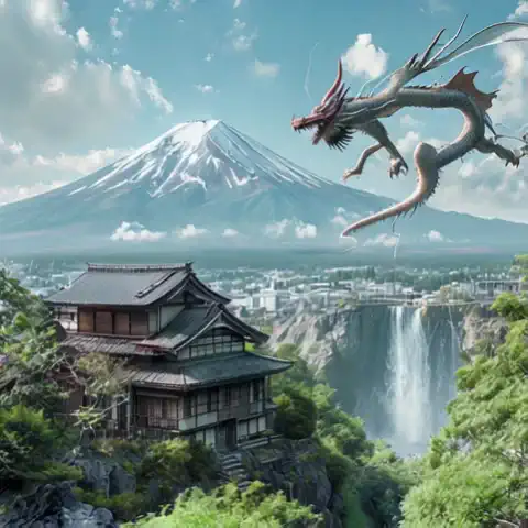 The dragon moves the water of the waterfall flowing downwards and the clouds move to the left