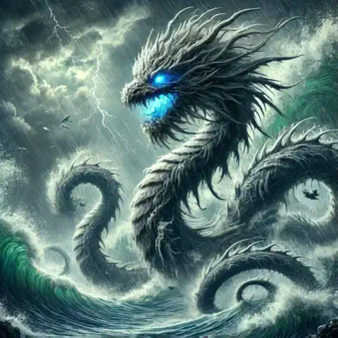Animate the waves, simulating a stormy sea, as well as the rain and lightning. Animate the serpent as well so it slightly moves