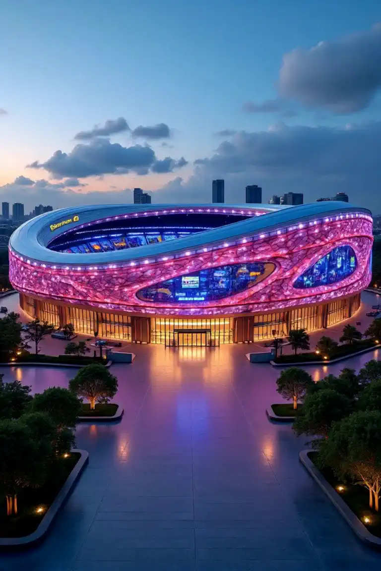 As the camera smoothly transitions from the stunning exterior of the legendary stadium, it glides through the grand entrance. Inside, the vast interior opens up to a breathtaking view of the green field, surrounded by towering stands filled with enthusiastic fans. The atmosphere is electric, with bright spotlights illuminating the field and giant screens displaying live action. The sound of cheering and excitement fills the air, creating an immersive experience. The sleek design features modern amenities, luxury boxes, and a vibrant color scheme that enhances the energy of the venue.