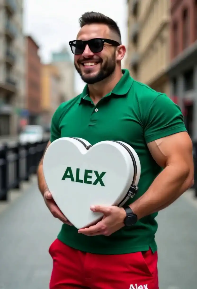  A charismatic man wearing dark glasses in a green polo shirt is confident with a wide smile with thick and plump lips ,  displaying his muscular build while posing for the camera holding a drum box with initials  "Alex"  printed and highlighted in green color on the white heart-shaped case lid in an urban environment .  He wears dark sunglasses that reflect the urban landscape behind him ,  while the background features blurry architectural elements . Wearing red shorts with the words  "Alex" embroidered on the left side of the pocket, your short shorts highlight the muscular legs with veins and arteries exposed in the curves of the skin and thigh of our friendly character, generate lip synchronicity and generate movement in the mouth and lips as if speaking or singing joyfully 