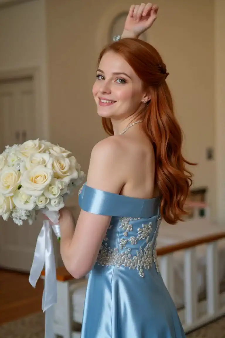 The young woman puts her hands down and turns and presents her dress