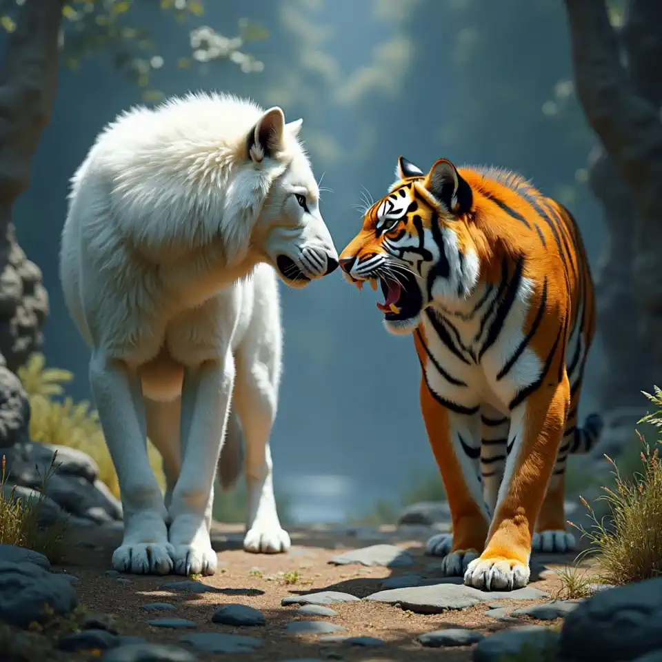 A big white wolf faces a big tiger
masterpiece, 