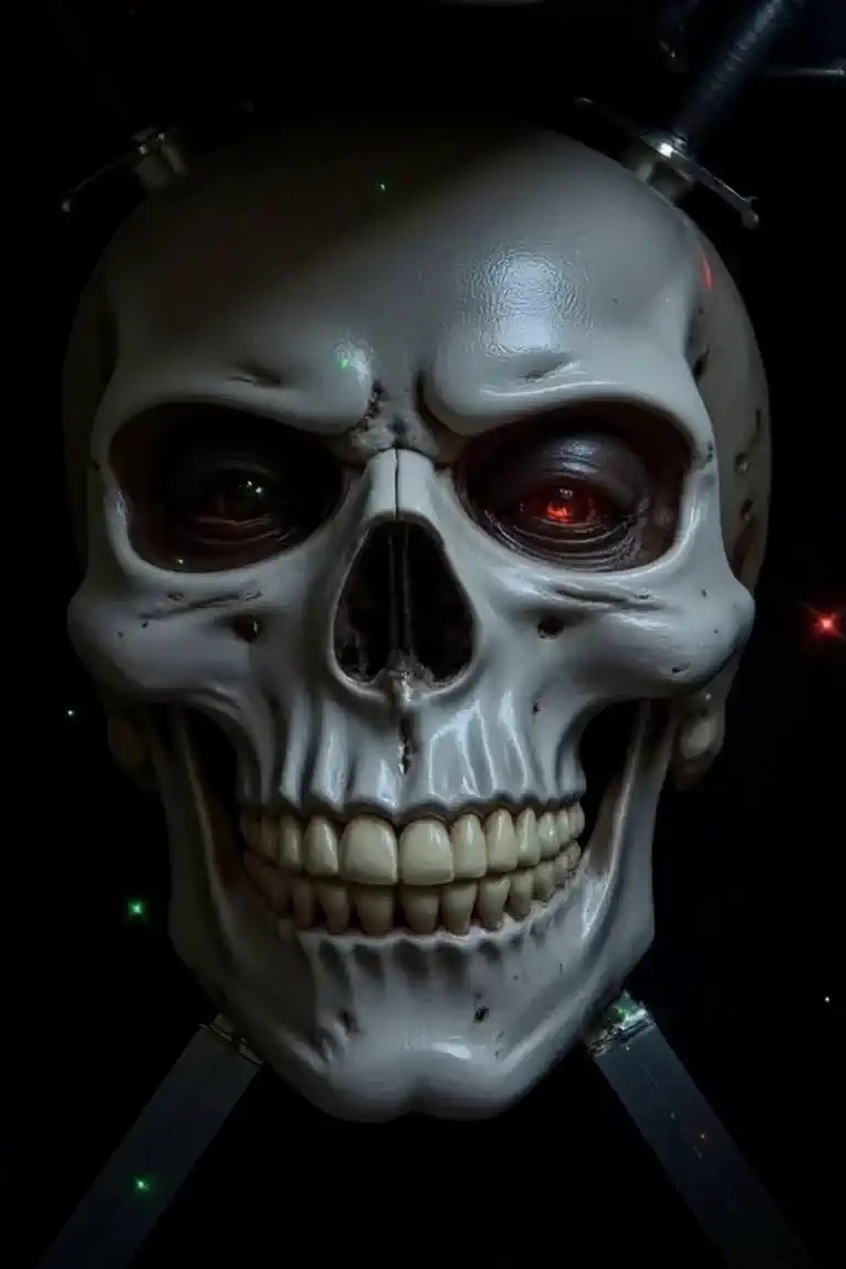  Ultra realistic 3D skulls with fire flickering all around with red eyes and crossed swords behind in a dark cave red and green little lights float all over the dark cave