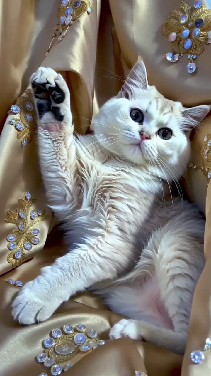  is a long-haired white Maine Coon cat 、 their sapphire-like eyes shine proudly。 a long-haired Maine Coon cat with one front leg raised 、 and the clothes are adorned with shining jewels and exquisite gold and silver patterns 、One front leg is raised。