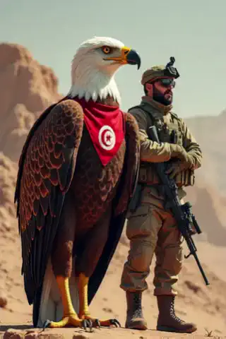 A huge eagle wearing traditional Tunisian dress walks next to a Tunisian special forces soldier