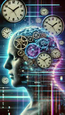 "Make the gears inside the brain slowly rotate while faint clock hands spin at different speeds. Add a slight pulsating glow around the brain to make it look active, like it's processing time. Overlay a subtle glitch effect where parts of the image briefly distort, creating a futuristic, digital malfunction effect. The background should have faint floating numbers and flickering light streaks moving subtly, giving the impression of a time loop or a simulated reality. Keep the animation smooth but eerie, with an emphasis on a slow, hypnotic feel