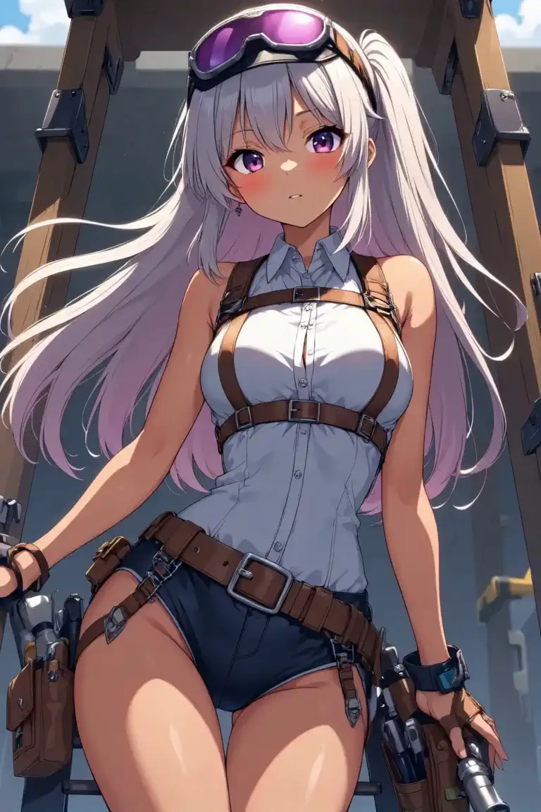 Beautiful woman doing construction  , stepladder、  engineer's tools on a tanned leather tool belt、Full Harness、Anime