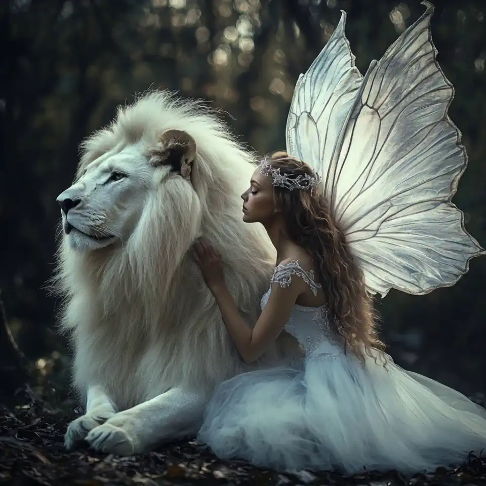 Hermits ada shaking their wings next to the white lion 