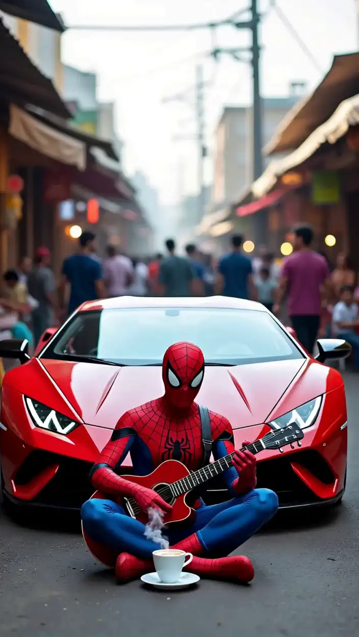 Spiderman playing a guitar lovingly, his head smoothly moving side to side with joy as he strums. In the background, people are walking and moving, creating a lively urban vibe. A cup of tea sits nearby, steam gently rising into the air. The flashing lights of a Lamborghini car add a vibrant, dynamic glow to the scene, blending the energy of the city with Spiderman's heartfelt performance.