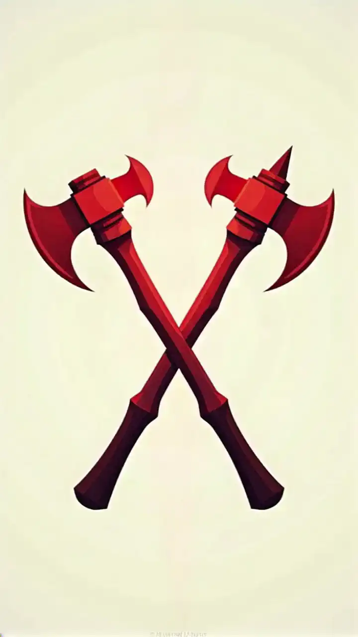 Crossed with two red axes behind,  two axes with flames around red blue green and black flames in the background, Black background with colorful lights that move 