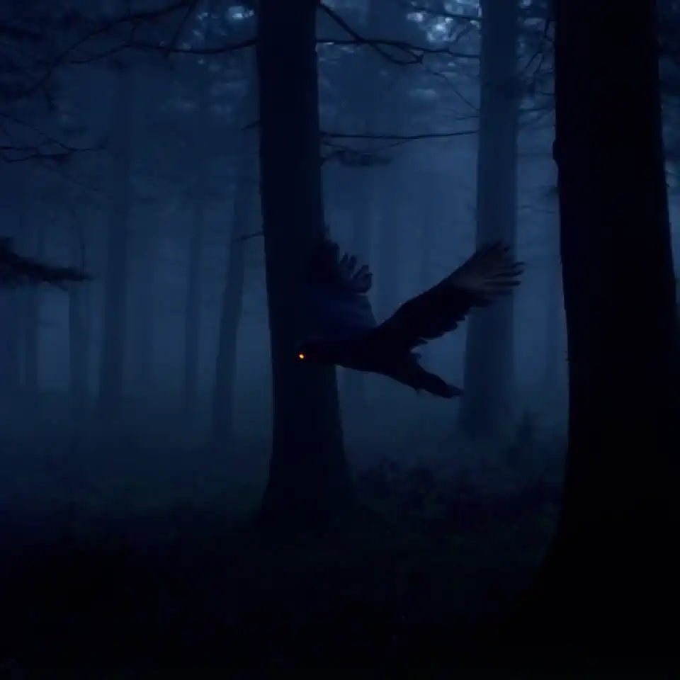 A shadowy owl flies over a fog-covered forest, its eyes glowing brightly in the darkness. As it glides, the trees seem to whisper ancient secrets, and the wind carries murmurs from beyond. What is it searching for? An ancient mystery is about to be uncovered. #Mystery #Shadows #Owl"
