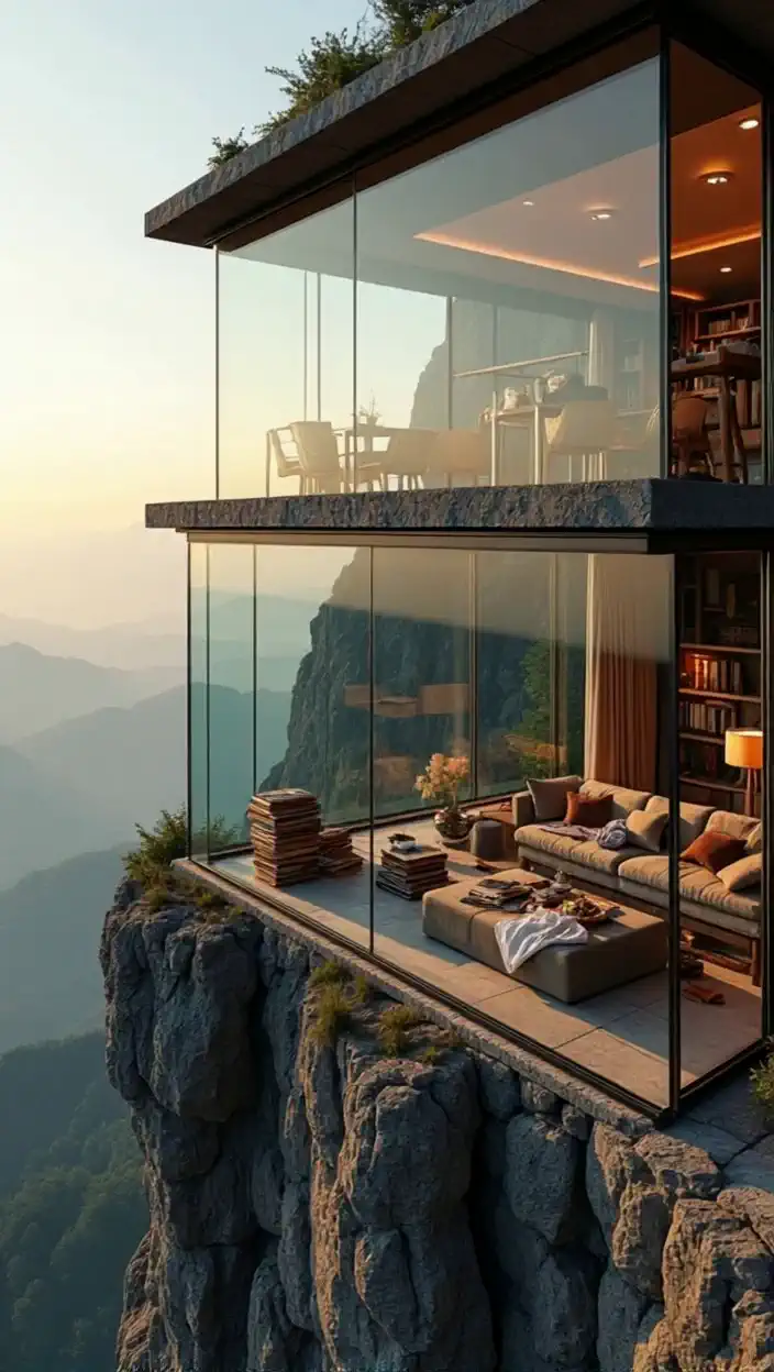"A stylish glass-walled living room perched on the edge of a towering cliff. The breathtaking view extends over a vast landscape, emphasizing the precariousness of the location. Inside, the room is filled with everyday clutter—books stacked haphazardly, a half-eaten meal on the coffee table, clothes draped over the sofa, and scattered personal items. The contrast between the luxurious, modern architecture and the chaotic, lived-in atmosphere creates a surreal and almost absurd feeling. The scene is illuminated by warm, natural light, enhancing both the beauty and the unsettling tension of the setting."

