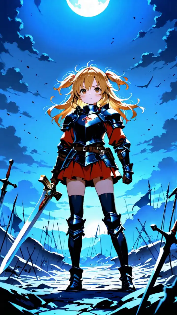  top quality， fantasy，Adventurer， moonlight ，battlefield，
 long golden hair， messy hair，two side up，
 brown eyes，cute eyes，
 1 girl， very young girl，
Black Armor， black cloaks， red skirt ， black knee-high socks，
Wave a large blade sword