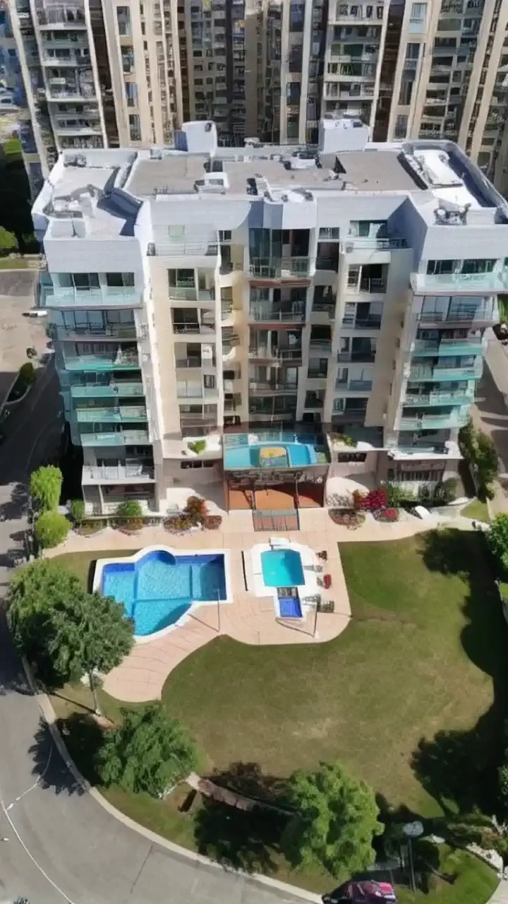 Neighborhood of São Paulo Brazil, condominium seen from above by a drone. condominium with pool and concierge. The drone flies over and films that condominium