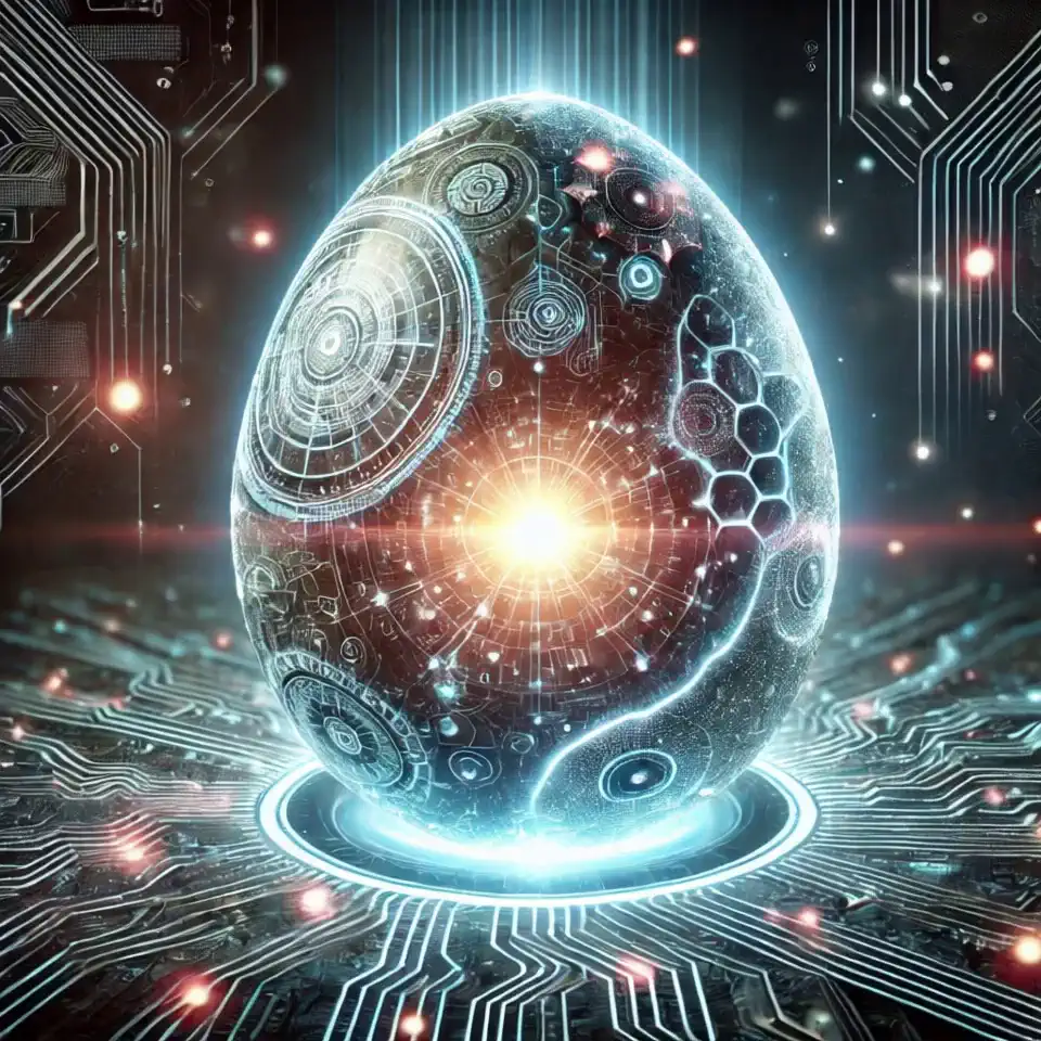 A futuristic glowing Digi Egg, pulsating with radiant energy. The egg is covered in mysterious AI symbols and intricate holographic code. Electric sparks and a soft blue aura surround it, creating a sense of awakening power