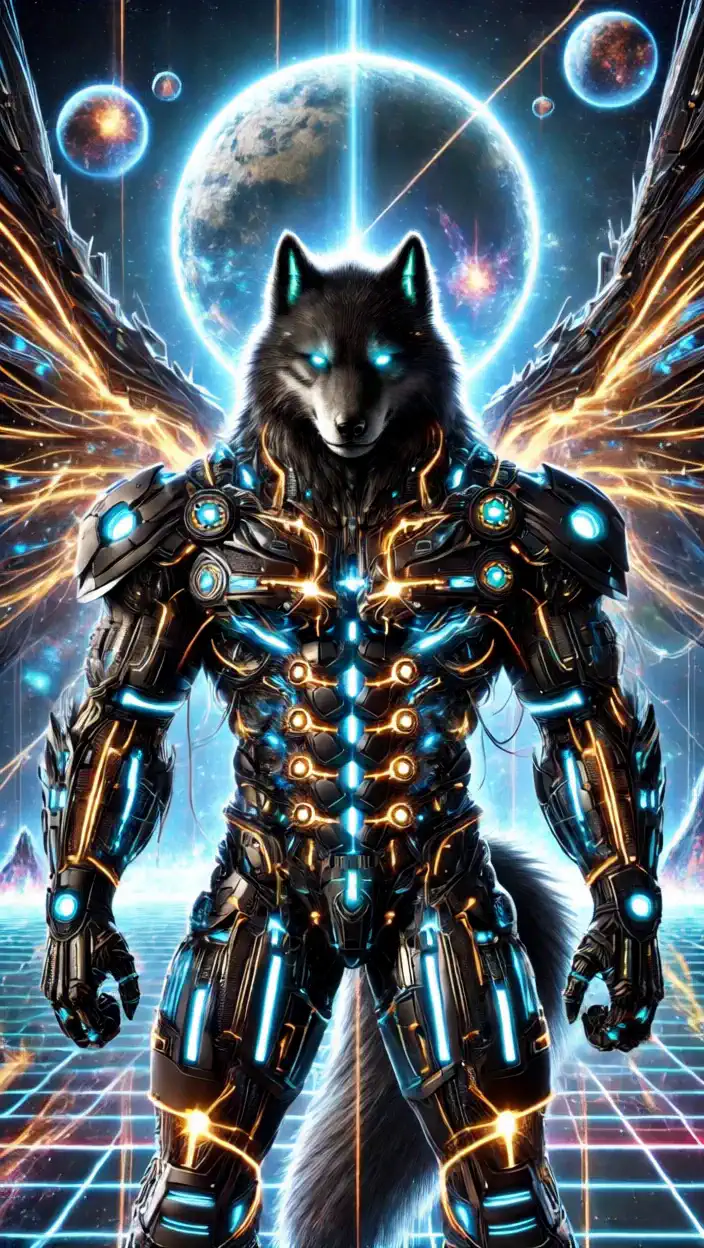 The scene begins with Drakeon-Z standing tall in a shattered cyber-realm, its sleek black fur glowing with neon-blue and gold energy circuits. Slowly, its cybernetic plating pulses with power, and its massive wings transition from metallic to pure plasma, radiating cosmic energy. Sparks of digital lightning crackle around as its claws extend into blazing energy blades, leaving crackling trails in the air. The battlefield distorts with glitching data streams as Drakeon-Z raises its tail, shifting between a plasma whip, an energy scythe, and a cannon. Suddenly, the ground fractures beneath it as it slams its claws down, unleashing a shockwave that sends debris and neon fragments flying. The air surges with raw energy, warping reality itself before the screen flashes white and fades to black. The video ends with a lingering glow in the darkness, a final sign of Drakeon-Z’s unstoppable power.
