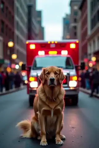 A brave golden retriever stands firmly in the middle of a city street, blocking an ambulance with flashing red and blue emergency lights. The siren wails as the dog refuses to move, looking determined. The ambulance driver and paramedics are shocked, trying to find a way around. Bystanders on the sidewalk watch the scene unfold with curiosity and concern. The camera focuses on the dog's face, showing its serious expression. The background includes a busy urban environment with tall buildings, streetlights, and a few other cars stopped behind the ambulance. The scene is intense and cinematic, captured in a dramatic vertical 9:16 frame