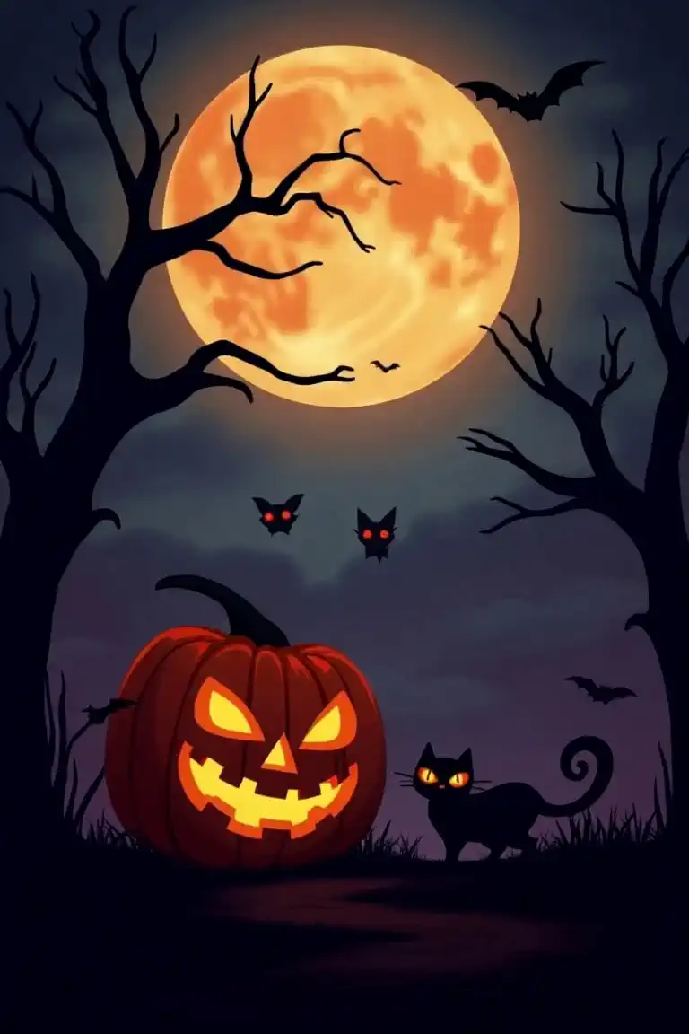 (((The action of the skeleton ghost peeking into Dowup's funny face from the right hand end and then slowly returning back to its original state and then disappearing、)))

{"prompt": "A Halloween-themed wallpaper with a spooky and mysterious atmosphere. The scene features a full moon in a dark, cloudy night sky, casting an eerie glow over a pumpkin lantern with a carved face, a black cat with glowing eyes, and several bats flying in the background. Silhouettes of bare, twisted trees are visible, with a few ghostly figures floating near them. The overall color palette is dominated by deep oranges, blacks, and purples, evoking a classic Halloween vibe."}
