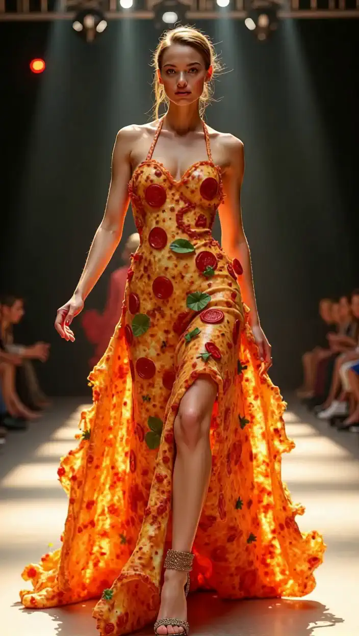 A stunning fashion model gracefully walks down the runway with a confident and poised posture. Her steps are smooth, perfectly timed, and elegant, as she sways her hips naturally with each step. She maintains strong eye contact with the audience, her radiant smile exuding joy and warmth. Her dress flows beautifully with every movement, catching the light as she moves. She occasionally tilts her head slightly, winks, or places a hand on her hip, adding a touch of charm and playfulness. The audience watches in admiration, captivated by her presence.