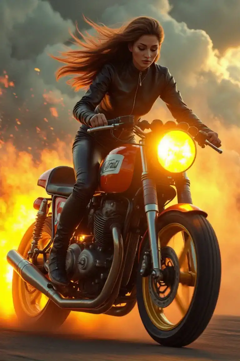One beautiful woman riding a motorcycle tuned to Cafe Racer 、 yellow headlight、 rocket cowl 、Overall view of the motorcycle、glowing exhaust pipe、Movement illustration, Ultra Wide Angle, 