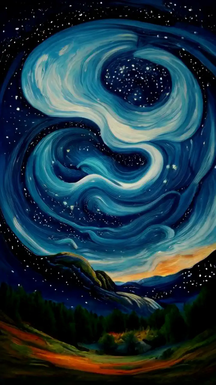 Excellent cinematic quality, the setting is The Starry Night from the painting by Vincent van Gogh, with slight circular movements in the sky, it looks beautiful, you see a person with a telescope, he does a closeup of the person with the telescope to get into it and then you see that what he saw in space is a red car being driven by an astronaut and waving with his hand.