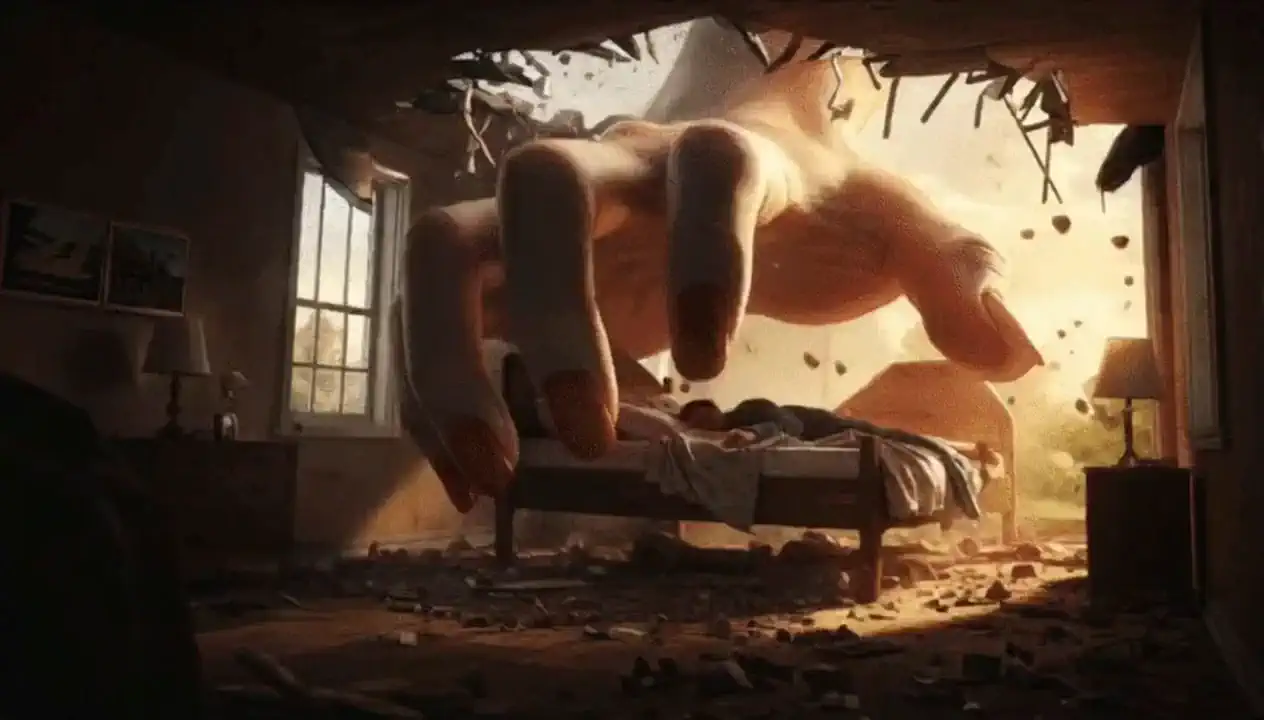 Giant hand reaches into ??????? and grabs bed