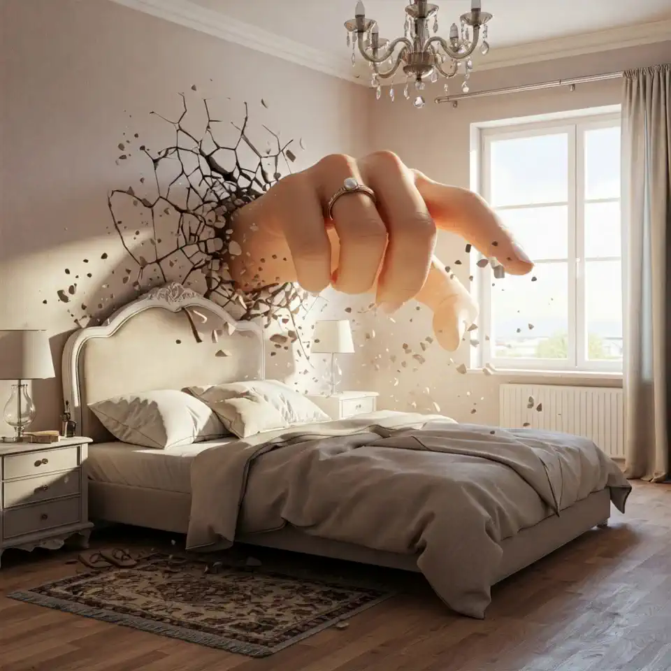 Giant hand grabs bed