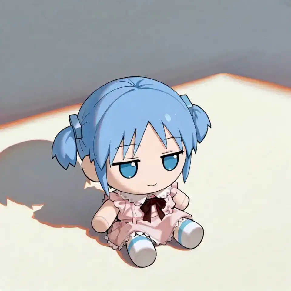 A chibi character stands up and does a cute dance, her clothes and hair sway naturally, the background is a plain white space, and the camera slowly moves to an angle that captures the chibi character from the front.
