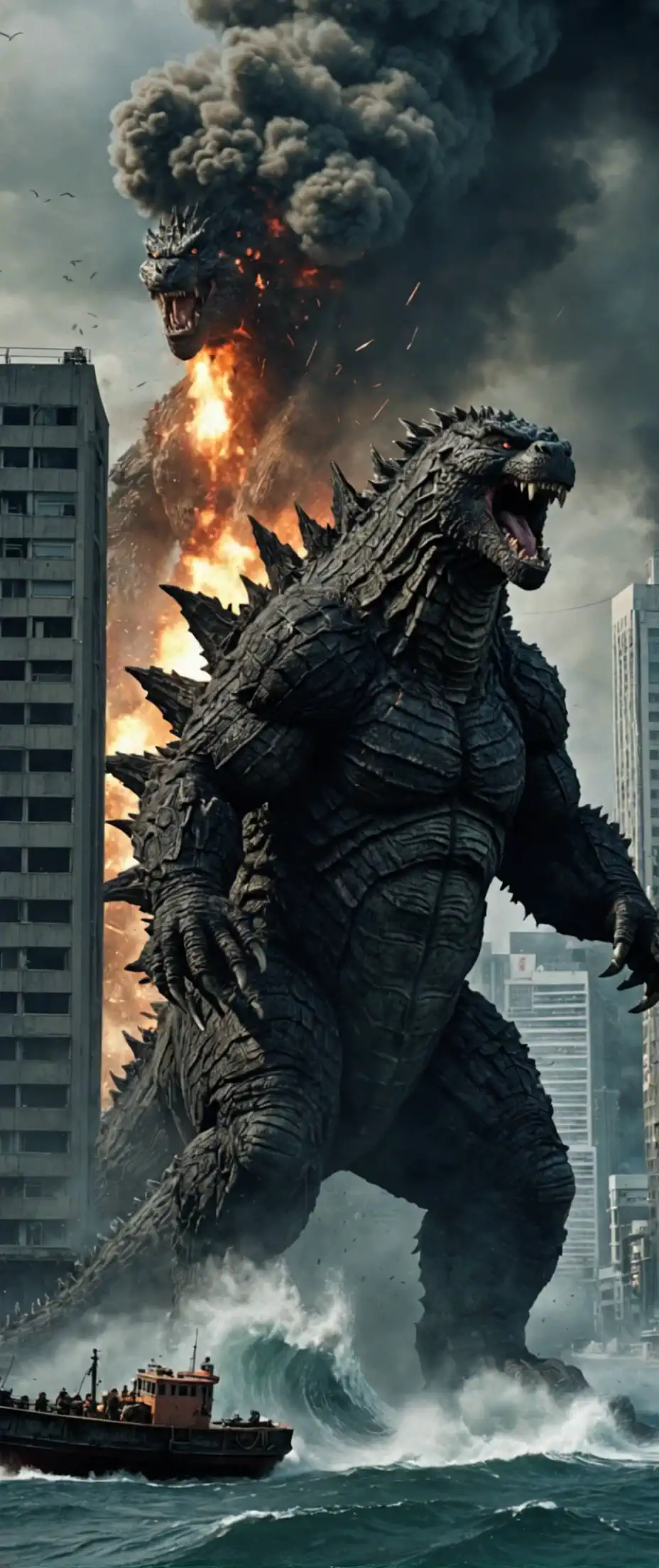 Godzilla destroys the city while howling angrily、As smoke and flames soar up、the camera that follows from a low angle moves、and dark clouds set in in a realistic style {x} tense atmosphere。