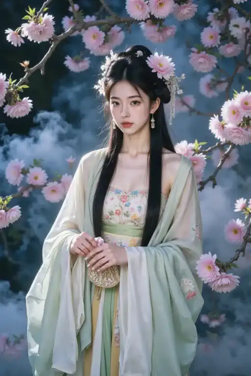 Women in traditional costumes dance among the flowers，The long sleeves and skirt swing gracefully with the movement。