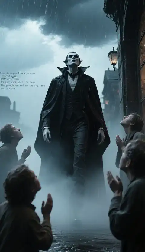 The man in black walked in the rain at a firm pace，The cape fluttered in the wind。