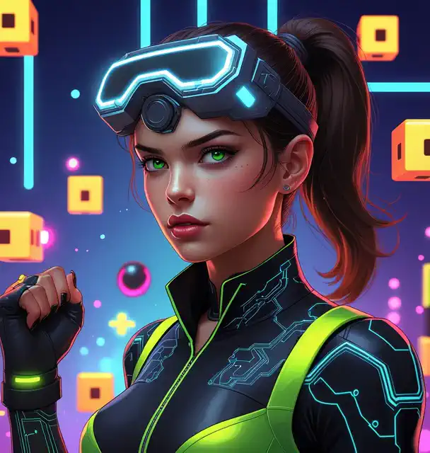 The woman dances happily in a virtual reality world, with colorful boxes floating and moving around her.