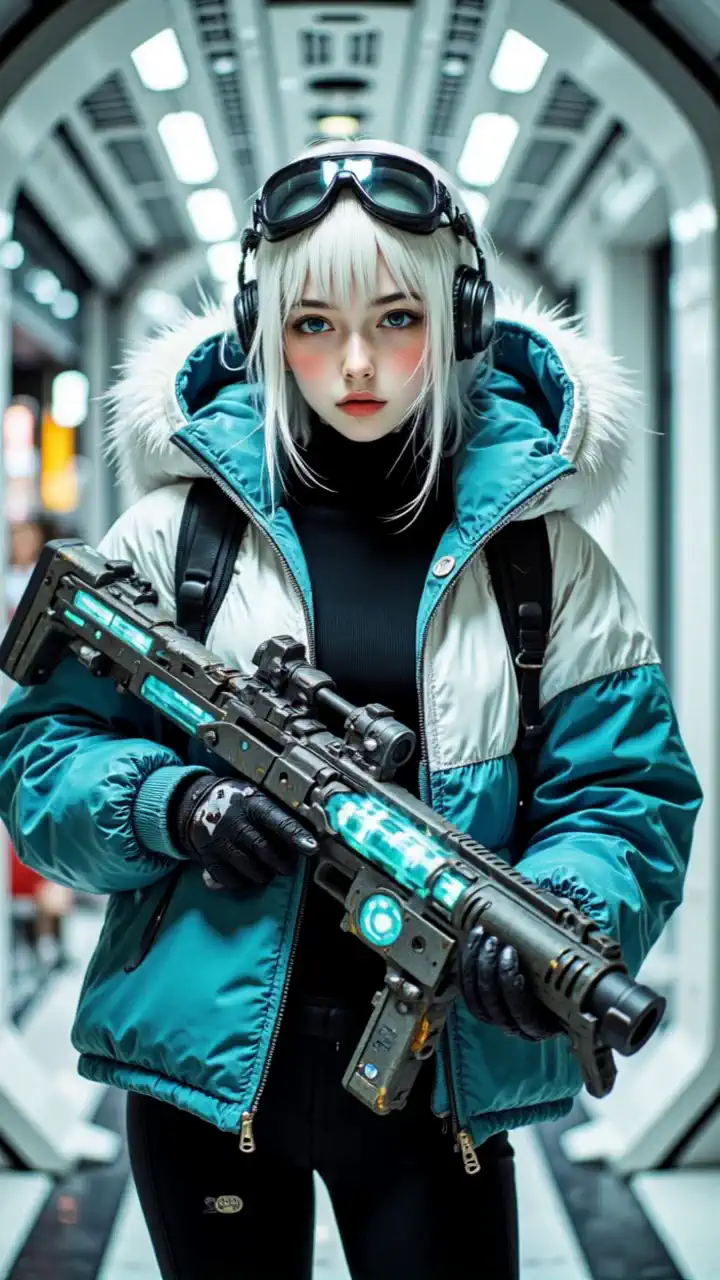 Aim straight ahead,,Rifle charges energy, holographic sight appears, corridor lights flicker