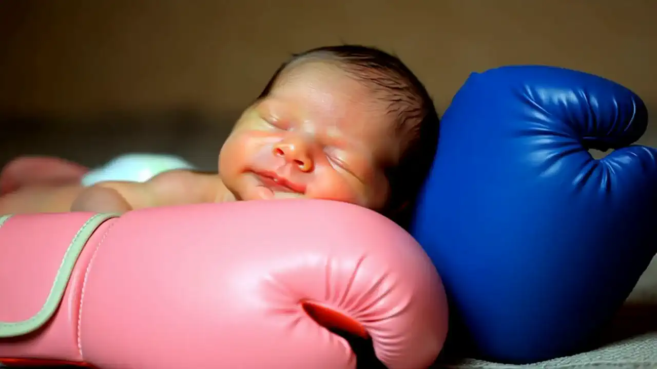A sleepy baby laughs between two boxing gloves