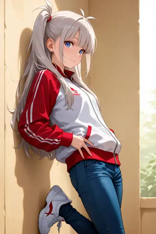 現実世界の都会の町並みを背景に、1 girl,looking at viewer, (side view:1.5), (from side:1.5), (standing girl leaning her back casually against a wall:1.5), natural relaxed pose, one leg slightly bent, petite body, slender figure, small breasts, small frame, innocent smile, bright blue eyes, fair smooth skin, rosy cheeks, glossy lips, cute face, big expressive eyes, contrapposto pose, hands on hips, medium-length silver hair, silky smooth hair, soft front bangs, (twin side up hairstyle:1.3), hair tied up on both sides, loose back hair flowing down, realistic hairstyle, youthful appearance, wearing a red tracksuit jacket without logo, blue jeans, white sneakers, Kyoto Animation, anime illustration, masterpiece, best quality, ultra high resolution, rich contrast, highly detailed eyes, ultra-detailed illustration, very beautiful and delicate anime face and eyes, realistic texture, RAW photo style, 