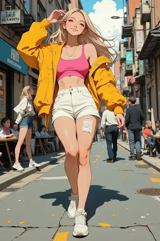 A girl in a bright jacket walks confidently down the street, with a slender movement, that revives the atmosphere of a city day.
