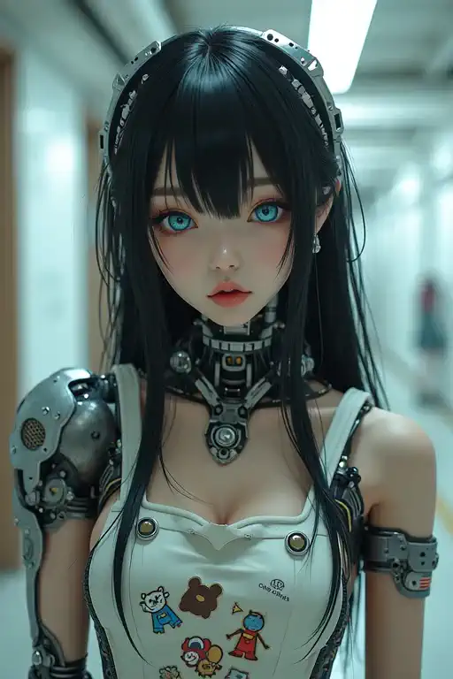 Language: ja cyborg girl making a fine mechanical sound moves smoothly while walking through the hallway、The。